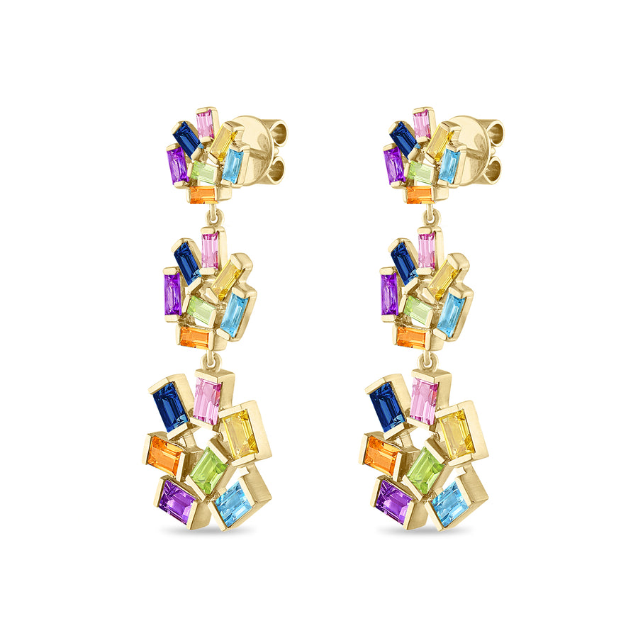Side of rainbow gemstone dangle earrings featuring multicolored gemstones.