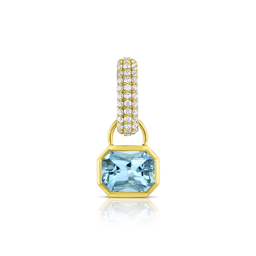 An aquamarine charm bezel-set in 14K yellow gold with a three row diamond pavé link.