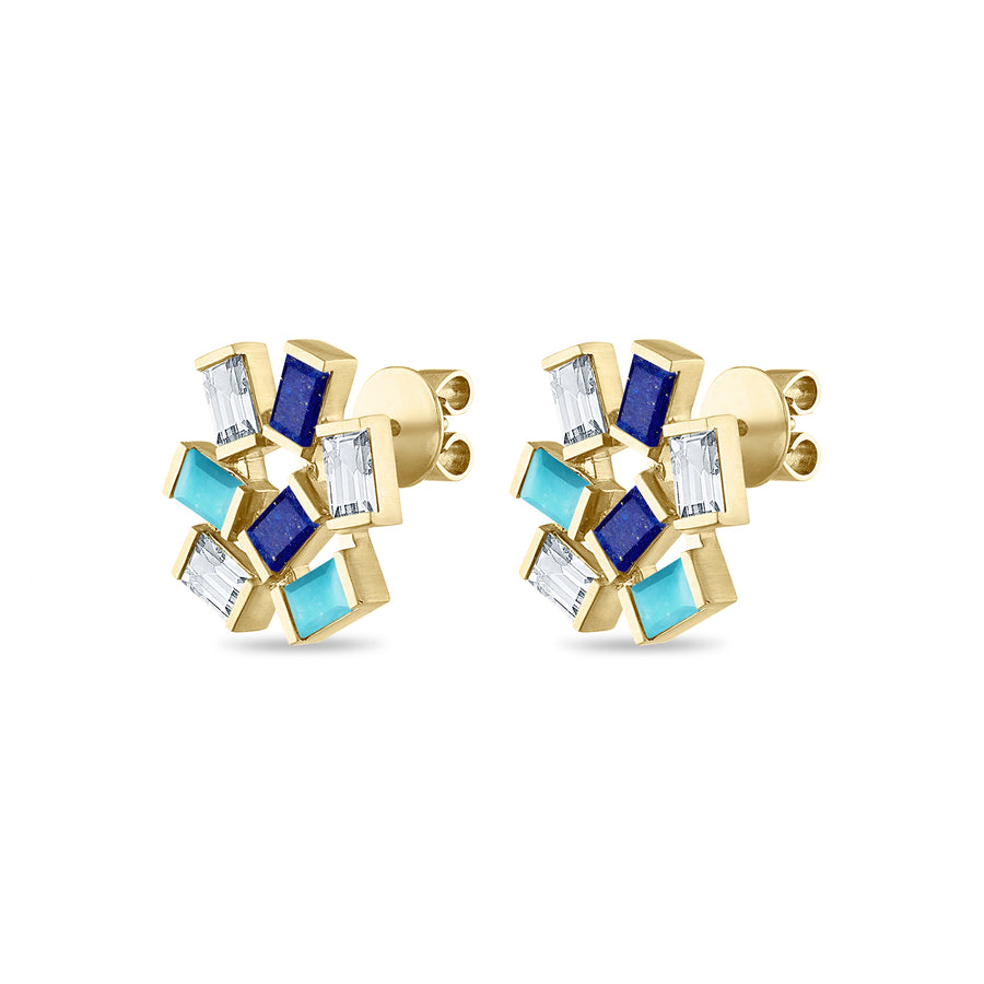 Stud earrings featuring diamond, turquoise and lapis in 18K yellow gold.