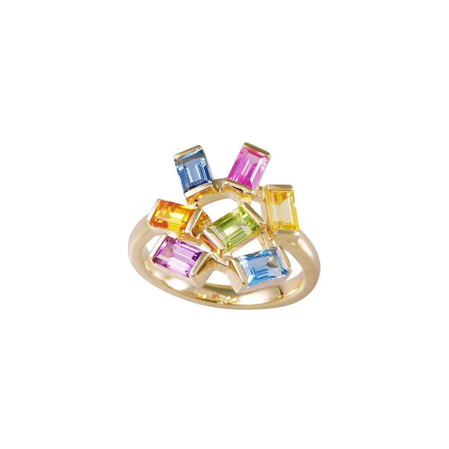 rainbow gemstone cocktail ring in 14K yellow gold.