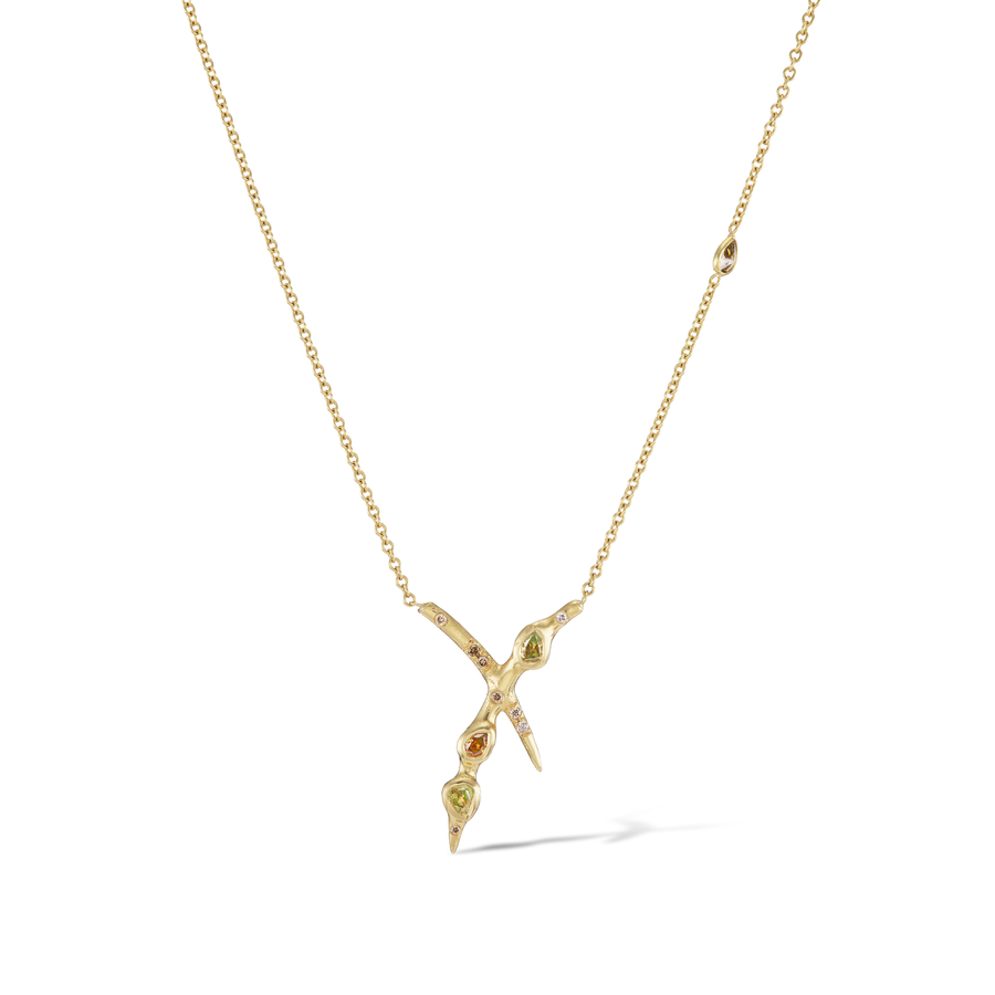 colored diamond crossroads necklace in 18K yellow gold.