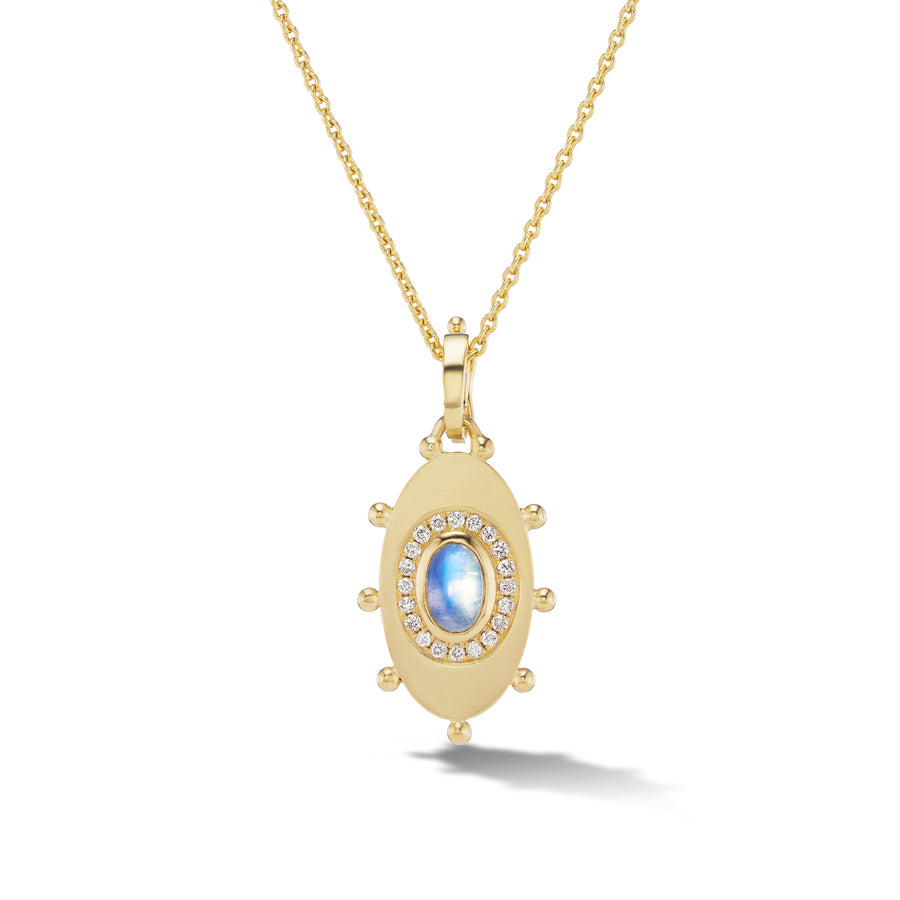 Oval evil eye amulet necklace with moonstone and diamonds in 18K yellow gold.