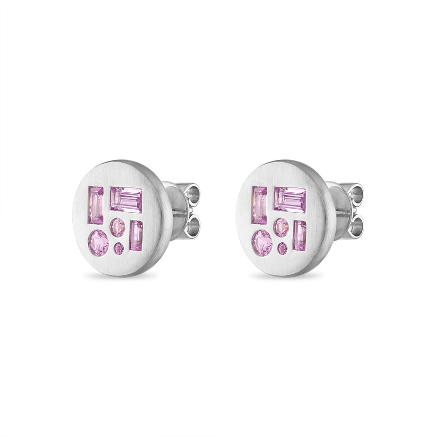 Pink sapphire disc earrings in 18K white gold.