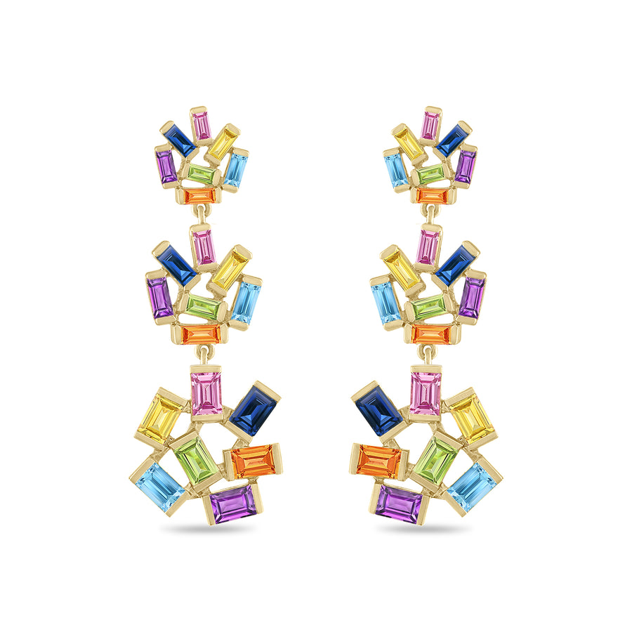 Three tiered rainbow gemstone dangle earrings set in 14K yellow gold. 