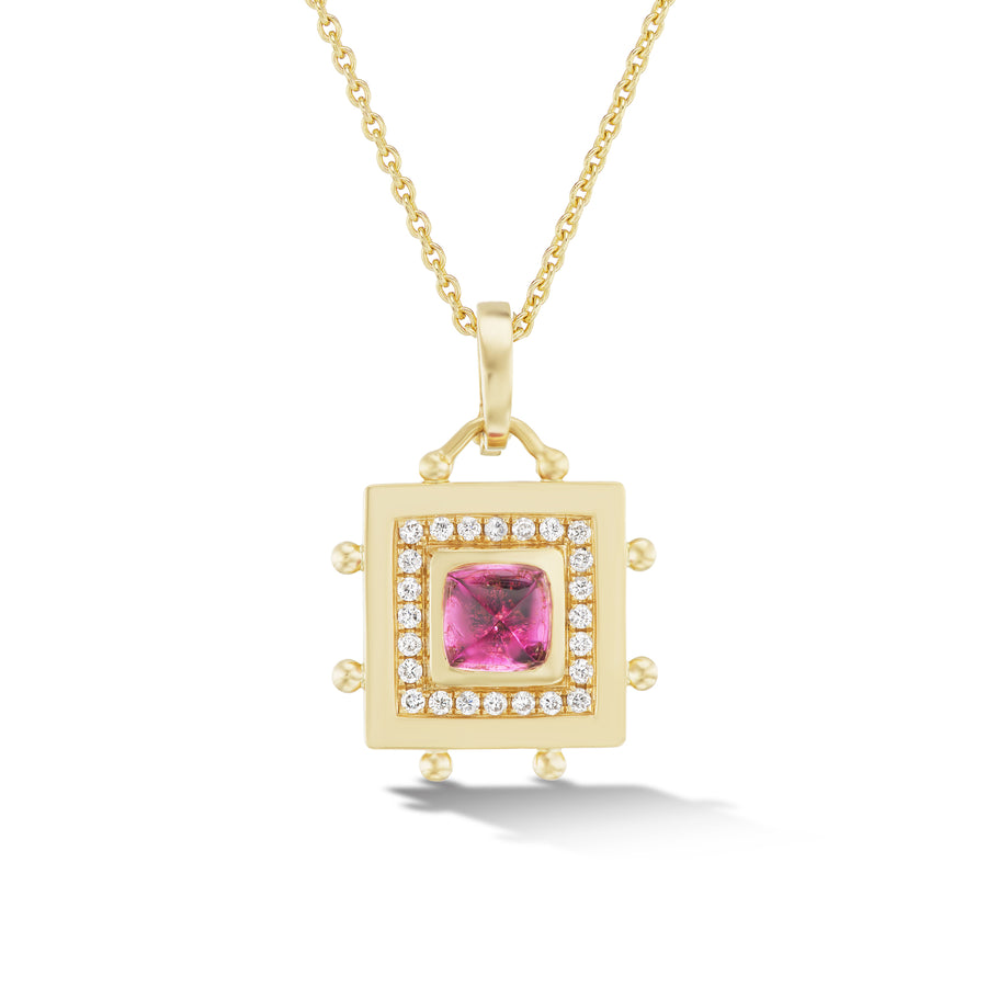 Square Evil Eye Amulet Necklace with Rubellite and Diamonds in 18K yellow gold.