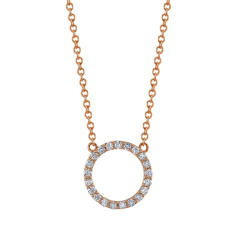 14k rose gold diamond circle necklace.