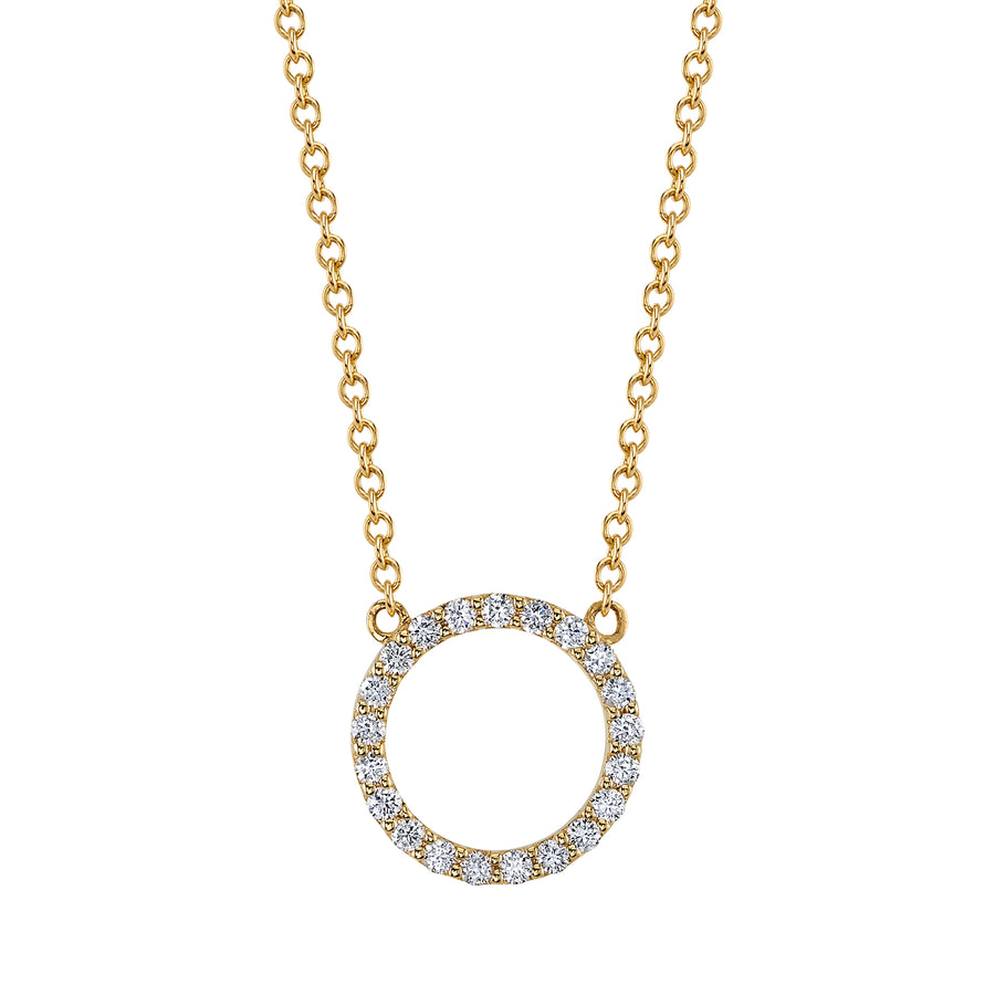 diamond circle necklace set in 14K yellow gold.