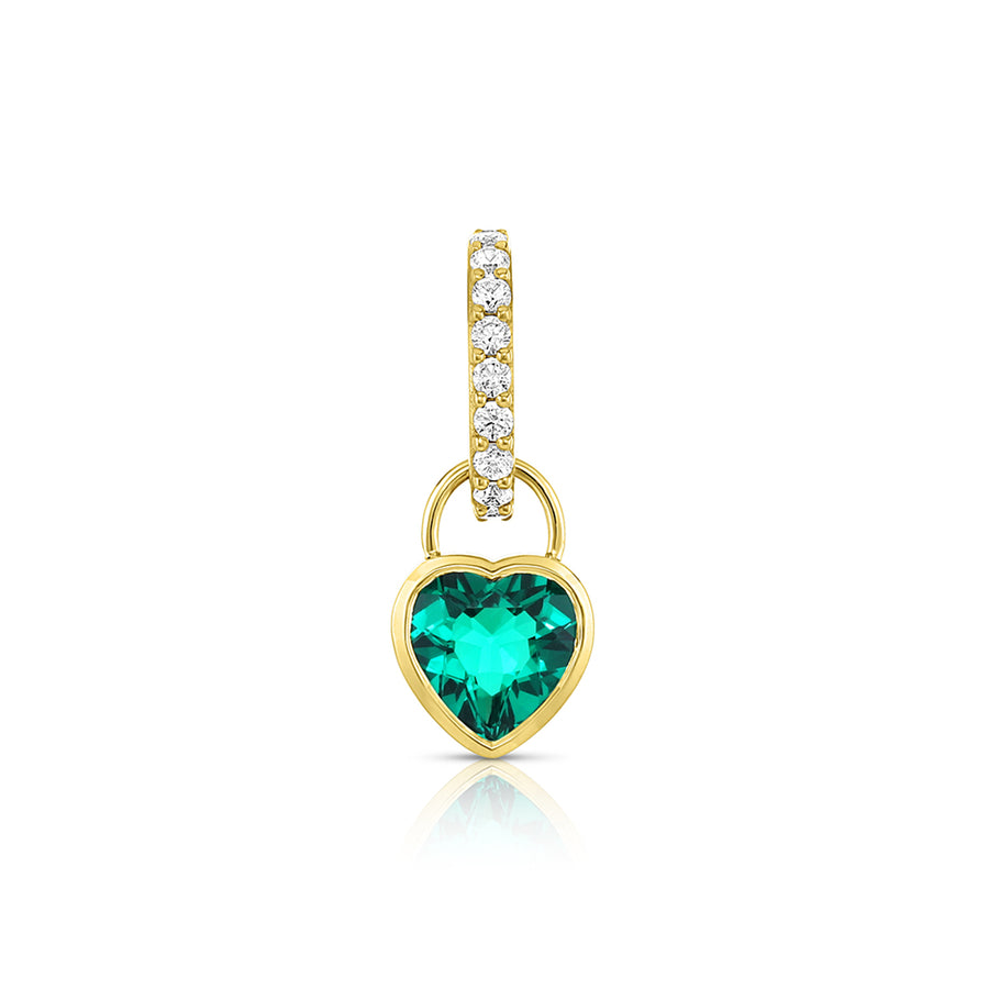 A bezel-set emerald heart charm with a pavé diamond link set in 14K yellow gold.