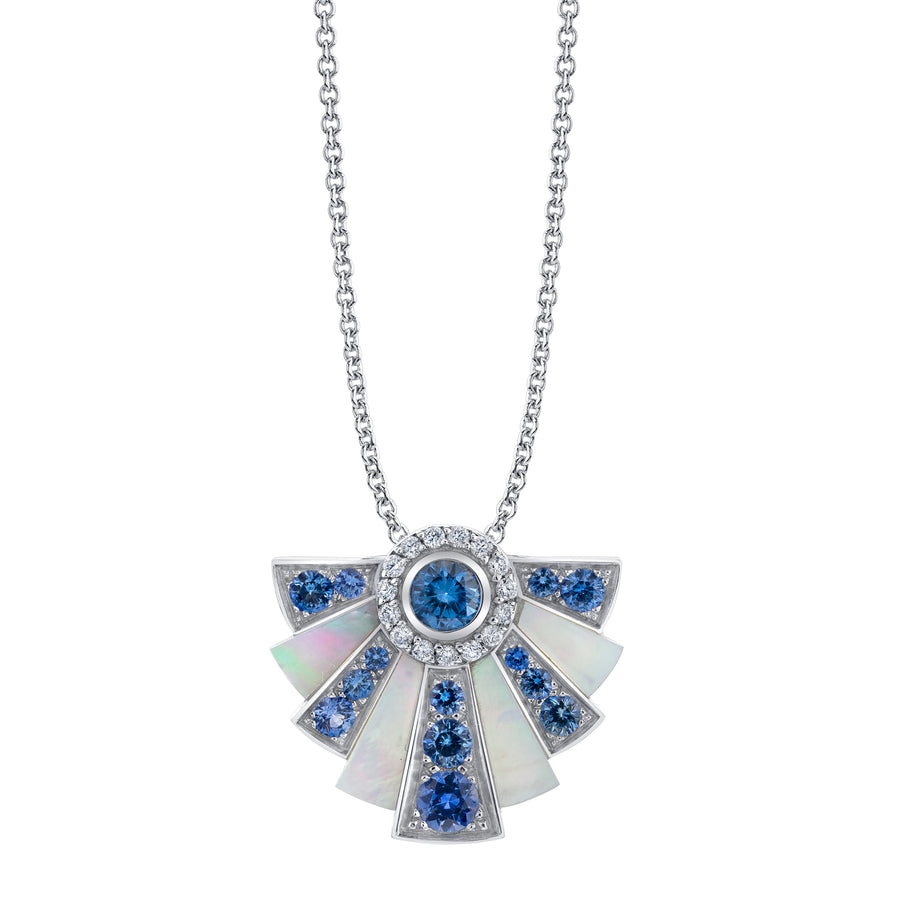 Mother-of-pearl and sapphire fan necklace in 18K white gold.