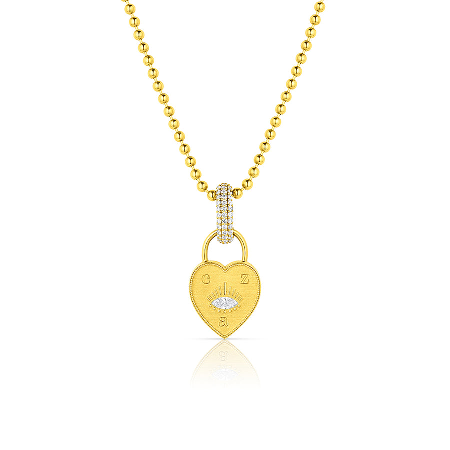 14K yellow gold evil eye engravable heart charm necklace with a ball chain and diamond pave link..