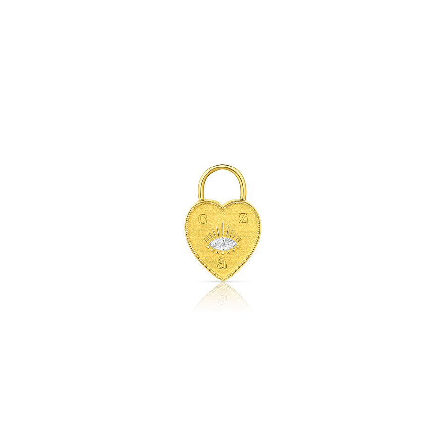 14K yellow gold protector evil eye heart charm with engravable letters and a marquise diamond.