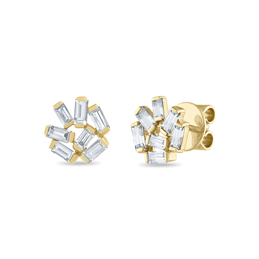 Front view of diamond stud earrings set with baguette diamonds in 14K yellow gold.