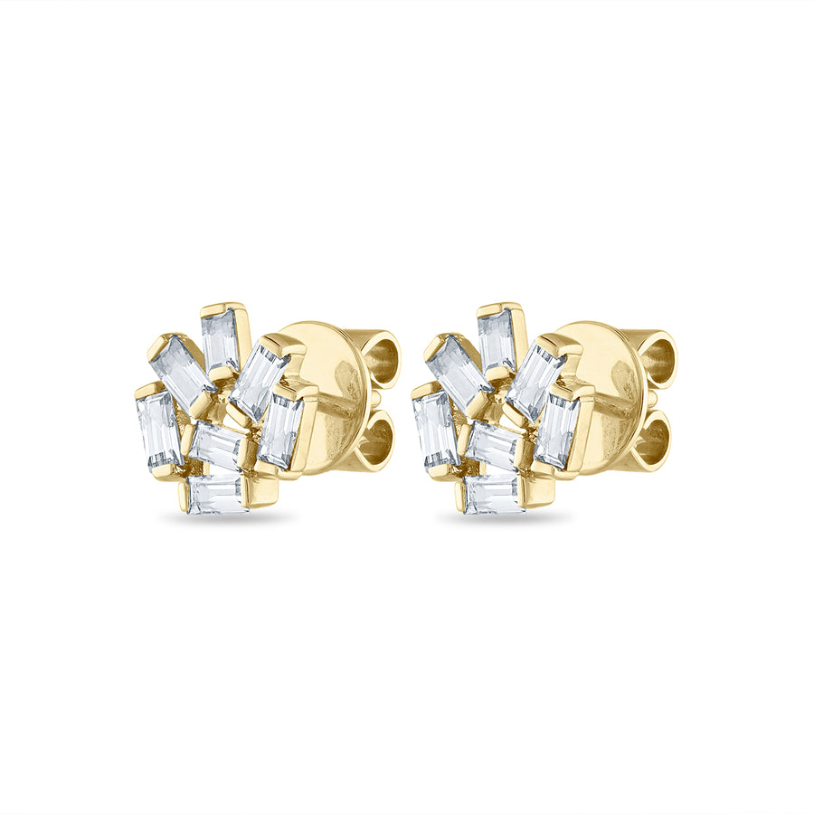 Side view gold diamond stud earrings set with baguette diamonds in 14K yellow gold. 