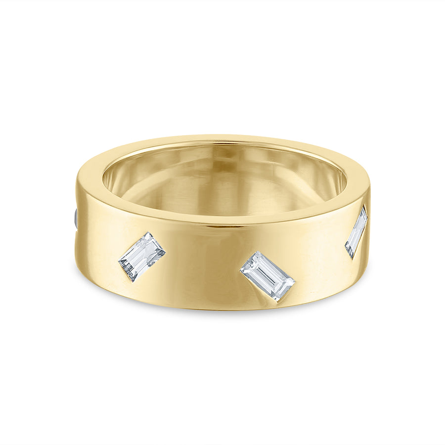 Cigar Band Ring set in 14K yellow gold with 7 baguette diamonds.