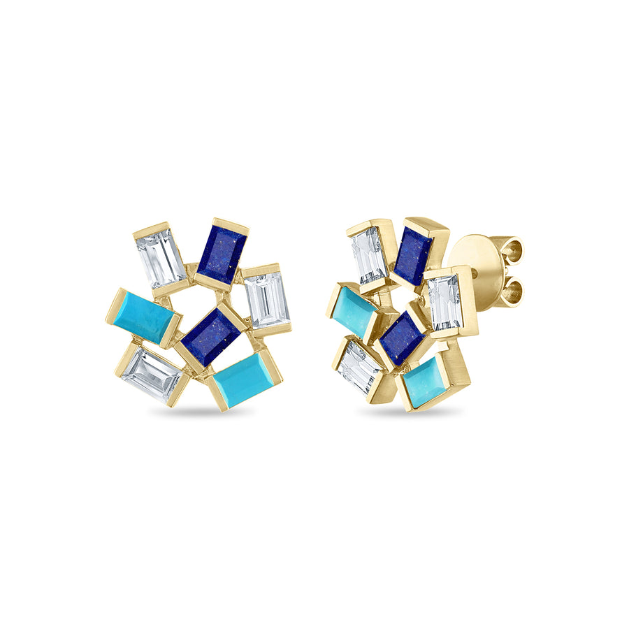Diamond, turquoise and lapis cluster earring in 14K yellow gold.