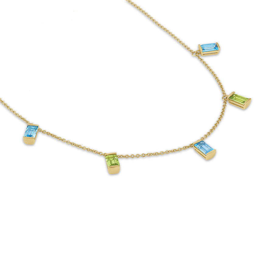 Statement Necklace with peridot and blue topaz in 14K yellow gold.