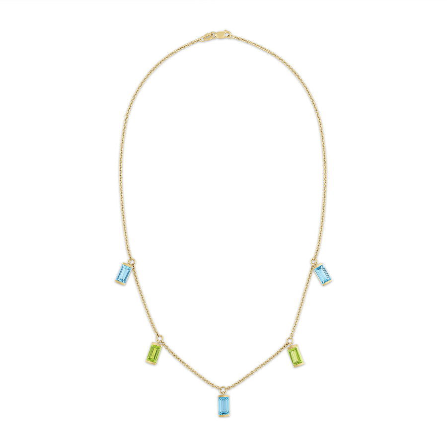 14K yellow gold statement necklace featuring peridot and blue topaz, front view. 