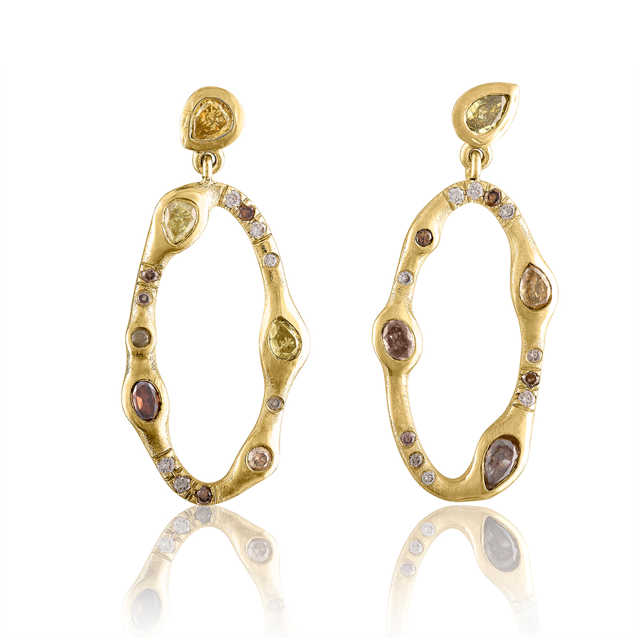 18K yellow gold oval dangle earrings featuring bezel set colored diamonds