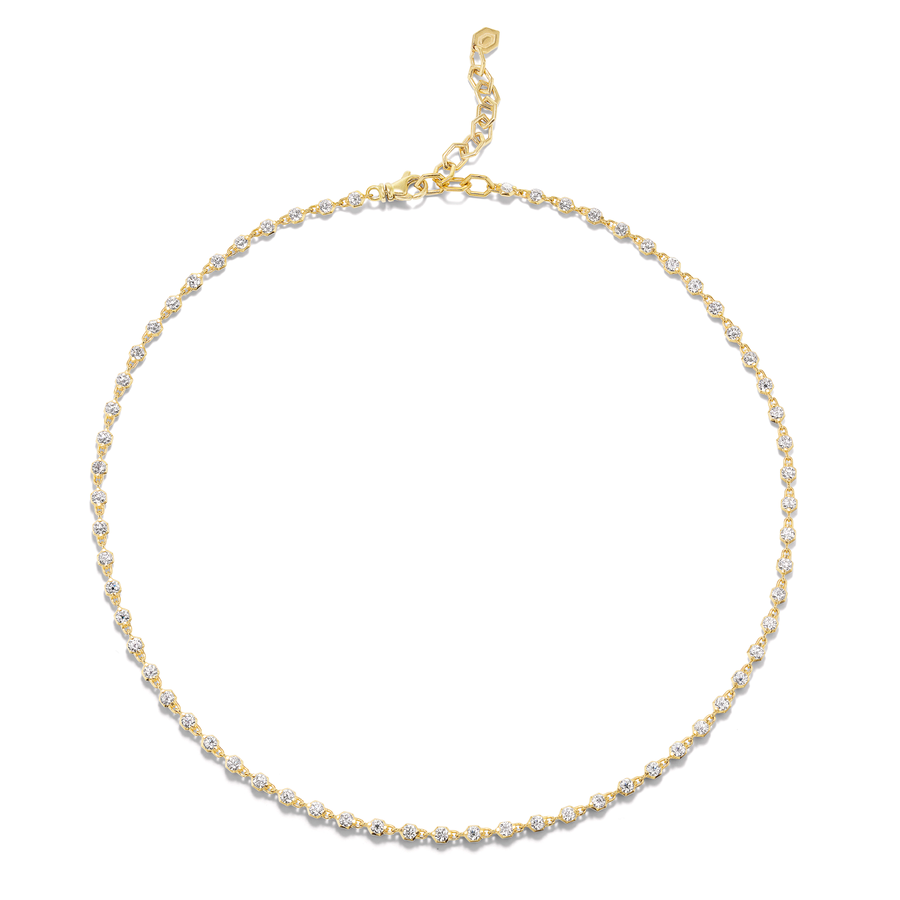 diamond tennis necklace in 18k yellow gold.