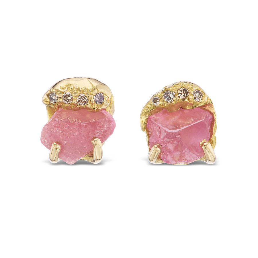 Pink spinel stud earrings with pave diamonds in 18k yellow gold.