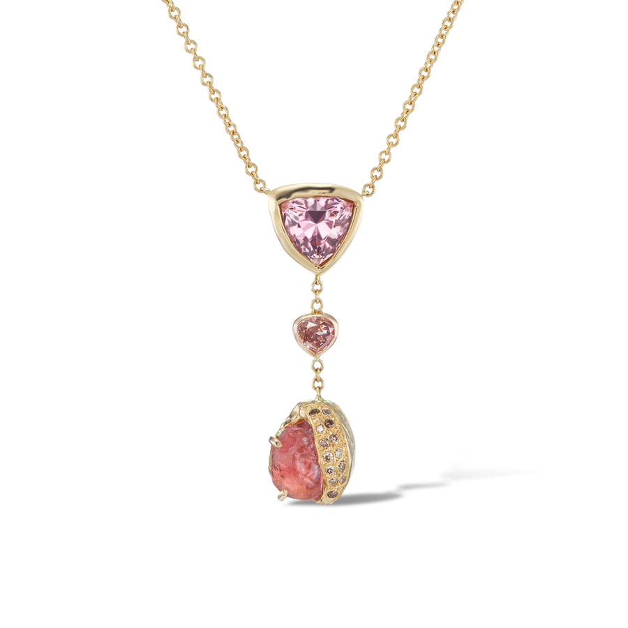 pink tourmaline diamond drop necklace in 18K yellow gold.